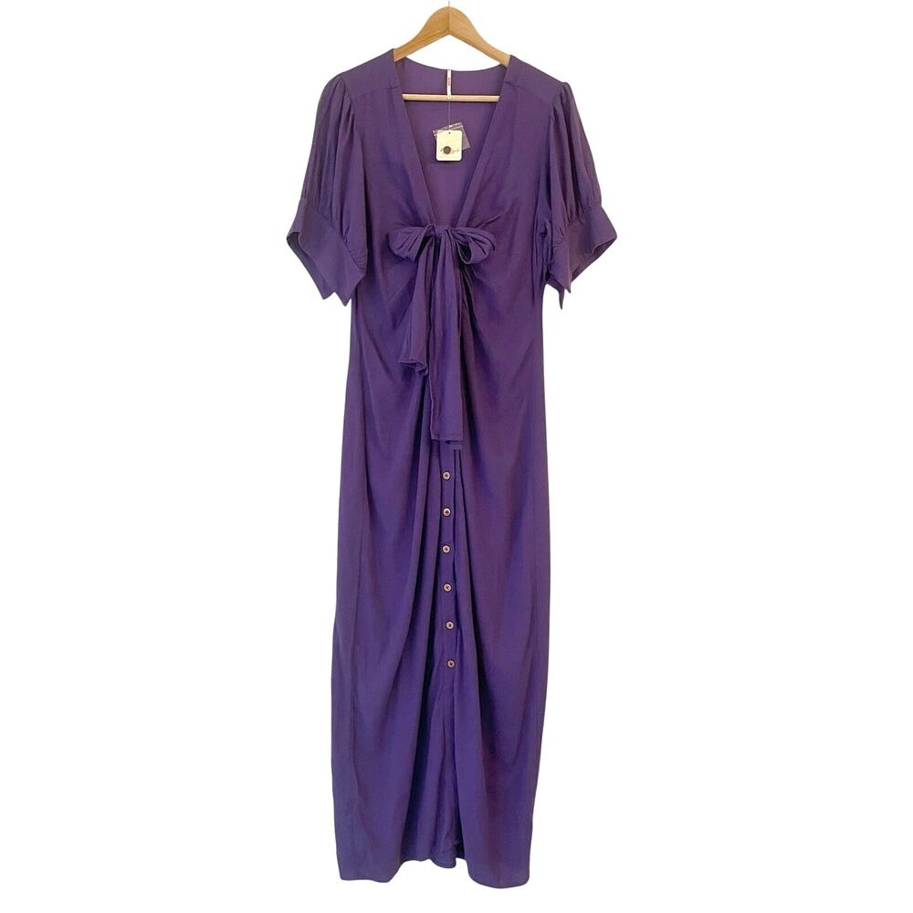 NWT Free People Vintage Summer Midi Dress Sz L Fits M Linen Blend Button Purple - Picture 2 of 16